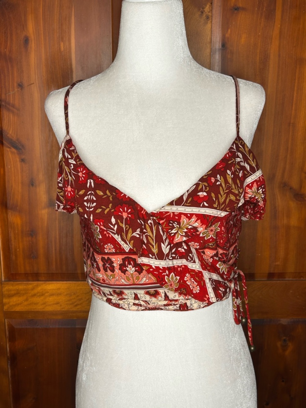 Le Salty Label Hibiscus Wrap Crop Top with Spaghetti Straps Floral Boho Fairy